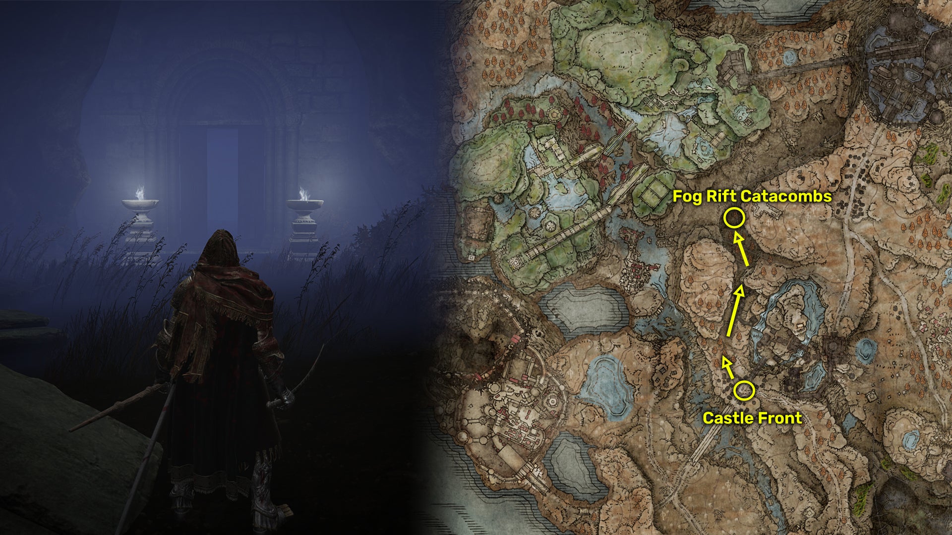 Outside view (left) and map image (right) of the Fog Rift Catacombs location in Elden Ring: Shadow Of The Erdtree. - 6