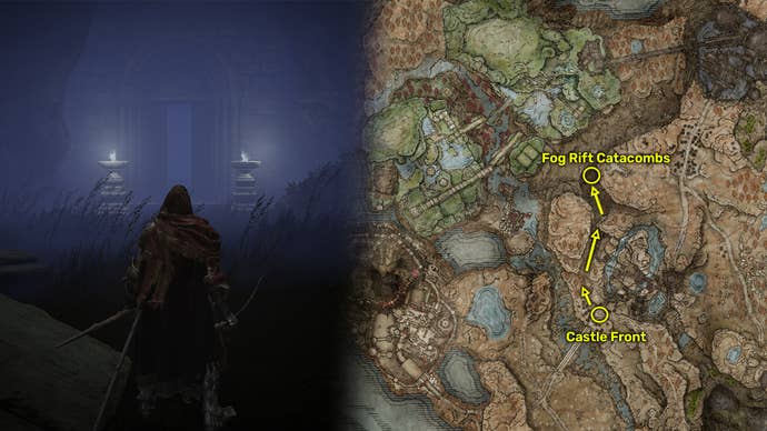 Outside view (left) and map image (right) of the Fog Rift Catacombs location in Elden Ring: Shadow Of The Erdtree.