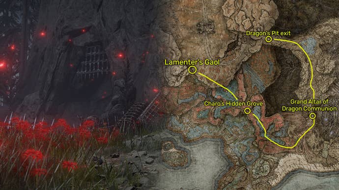 Outside view (left) and map image (right) of the Lamenter’s Gaol location in Elden Ring: Shadow Of The Erdtree.