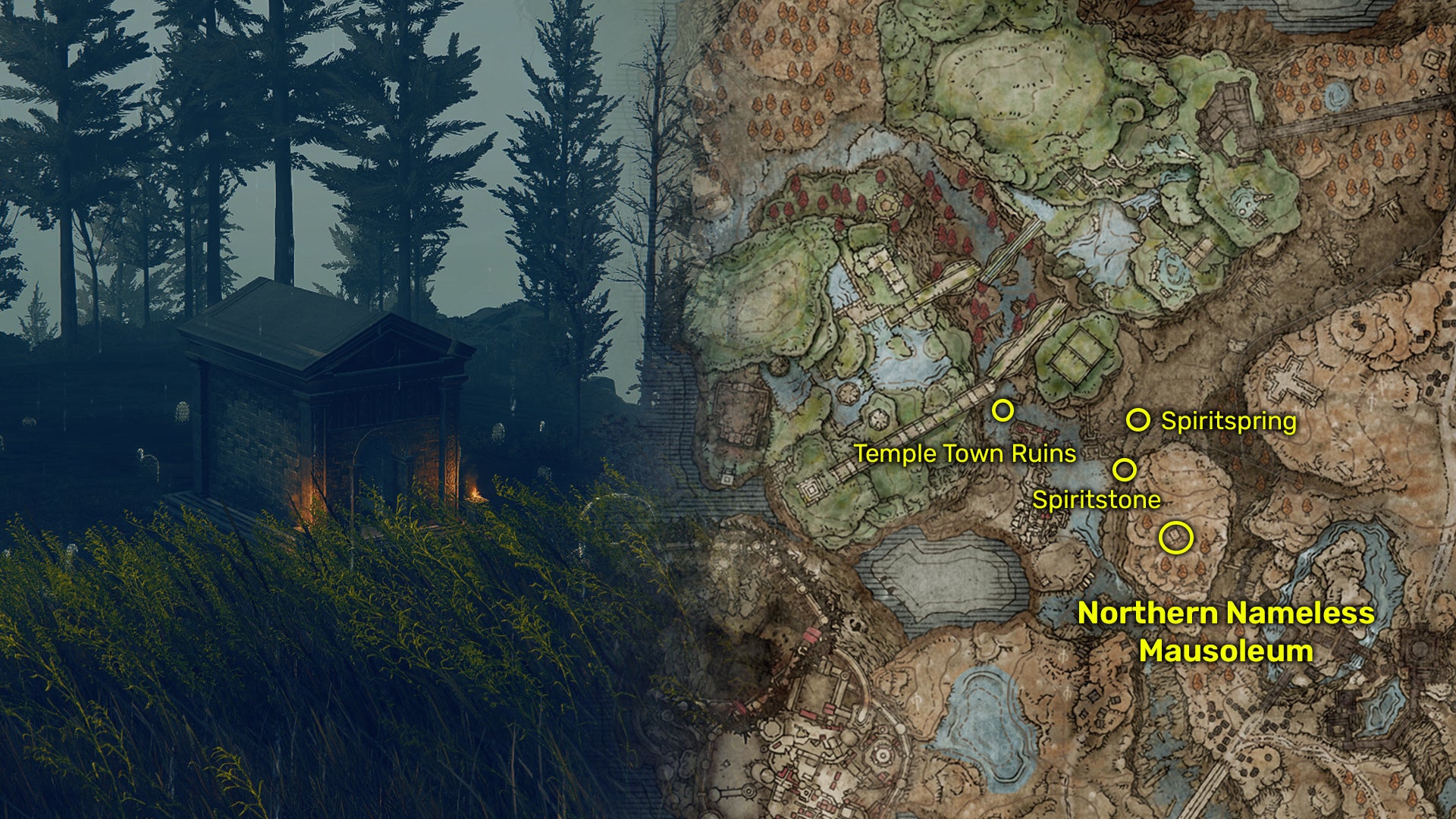Outside view (left) and map image (right) of the Northern Nameless Mausoleum location in Elden Ring: Shadow Of The Erdtree. - 14