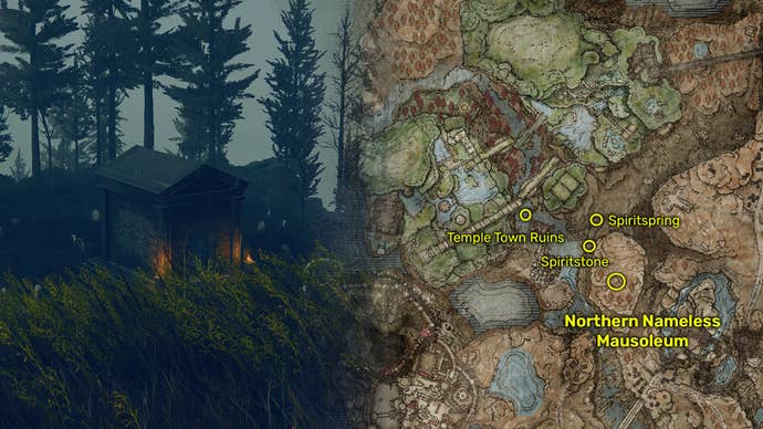Outside view (left) and map image (right) of the Northern Nameless Mausoleum location in Elden Ring: Shadow Of The Erdtree.