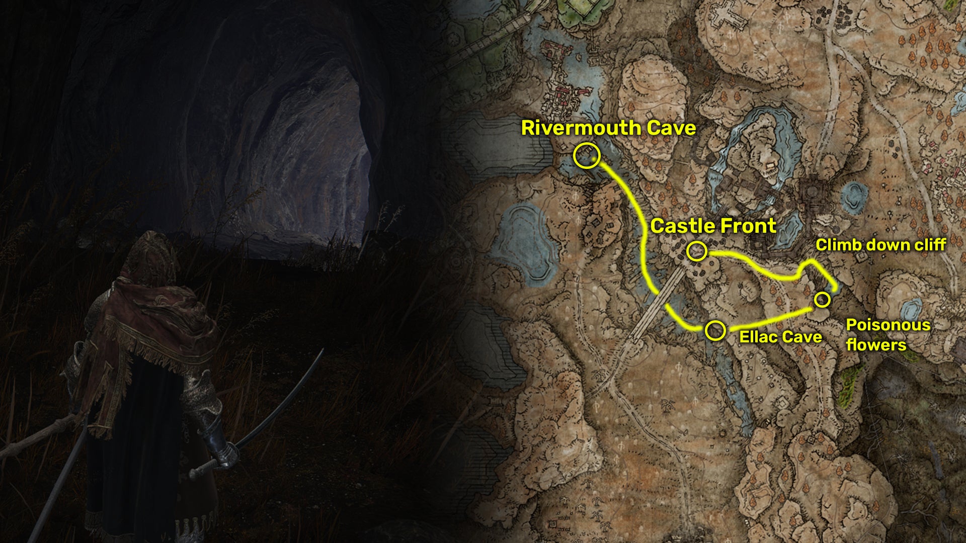 Outside view (left) and map image (right) of the River Mouth Cave location in Elden Ring: Shadow Of The Erdtree. - 8