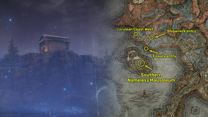 Outside view (left) and map image (right) of the Southern Nameless Mausoleum location in Elden Ring: Shadow Of The Erdtree.