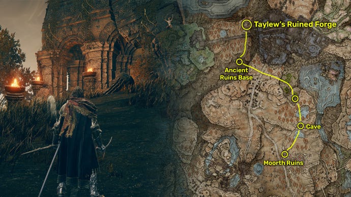 Outside view (left) and map image (right) of the Taylew's Ruined Forge location in Elden Ring: Shadow Of The Erdtree.