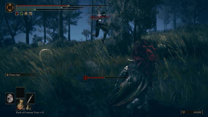 Logur the Beast Claw jumps in the air preparing to strike a warrior in Elden Ring Shadow of the Erdtree