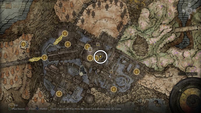 A map screen from Shadow of the Erdtree showing the Boltdrake Talisman +3 location