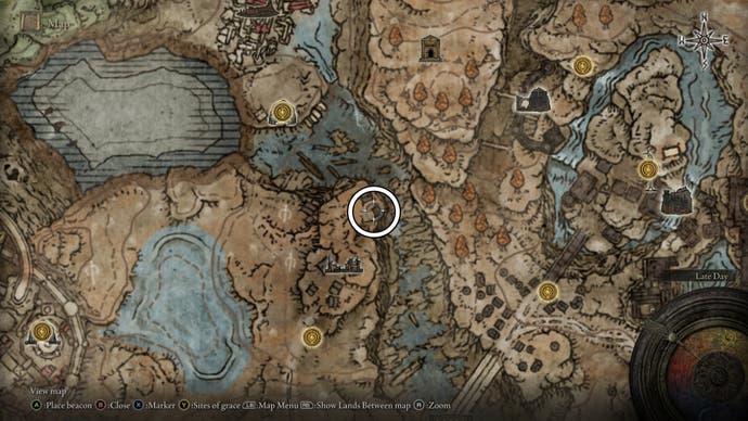 A map screen in Shadow of the Erdtree showing the location of the Ailing Talisman