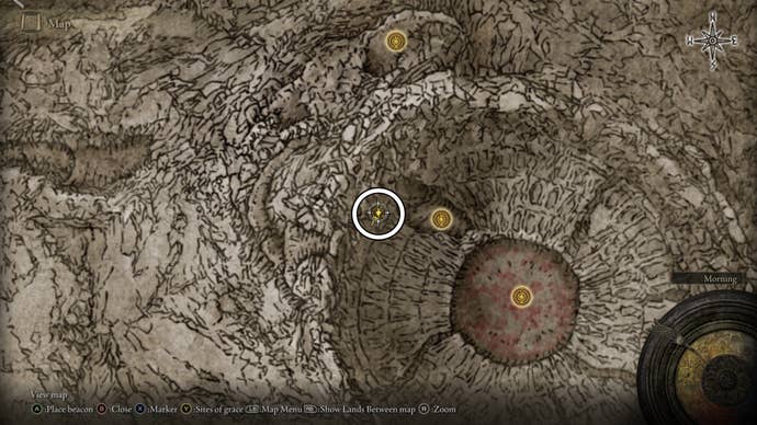 A map screen from Elden Ring Shadow of the Erdtree showing the location of the Ancient Dragon Senessax in the Jagged Peak.