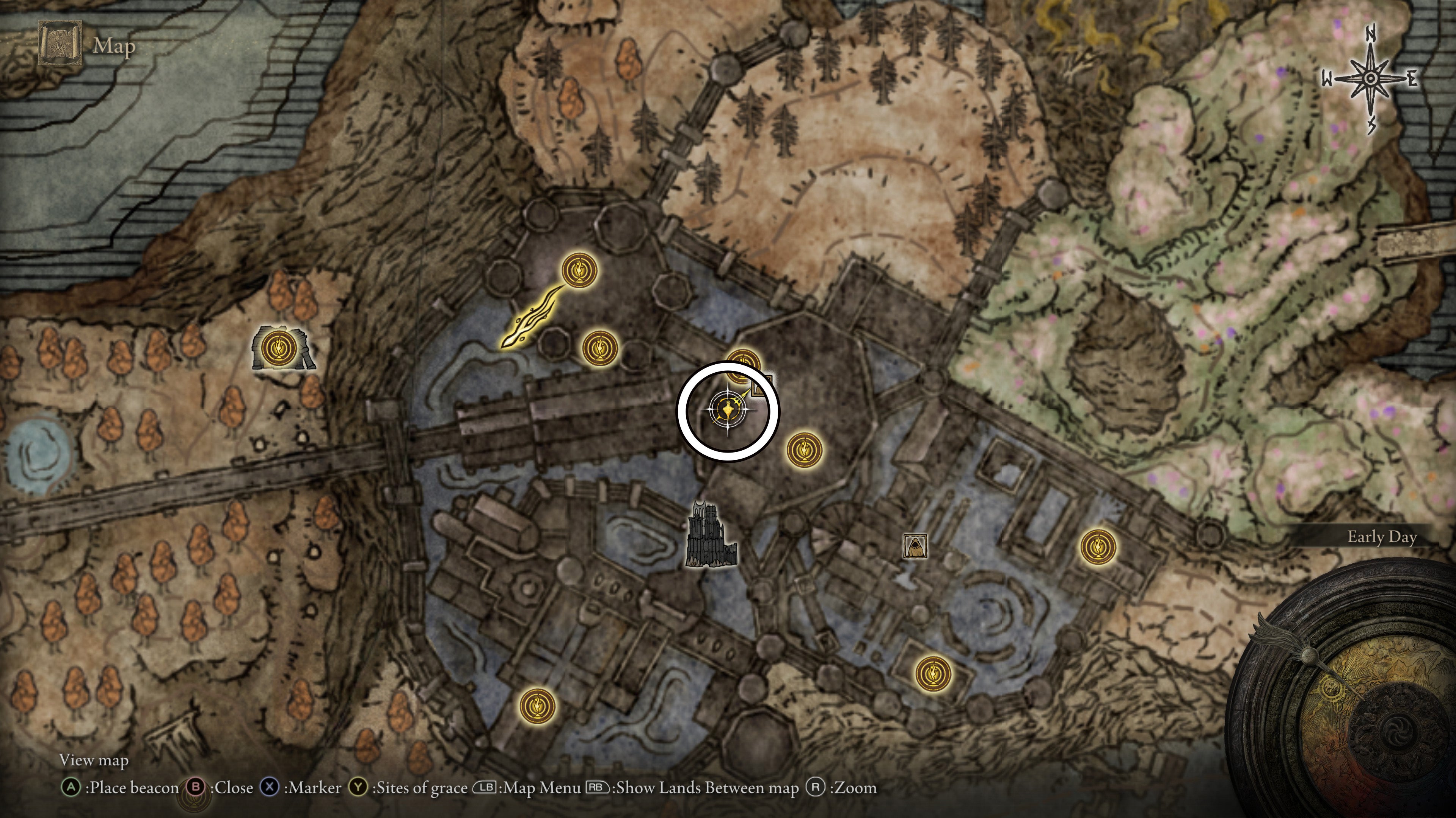 A map screen from Shadow of the Erdtree, showing the location of the Carian Thrusting Shield.