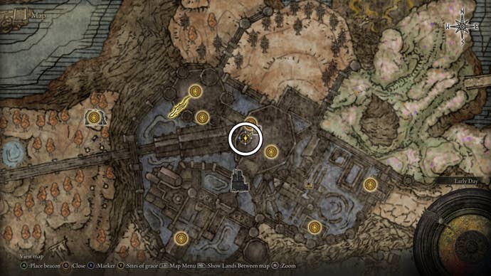 A map screen from Shadow of the Erdtree, showing the location of the Carian Thrusting Shield.