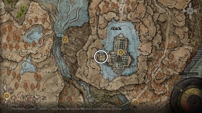 A map screen from Elden Ring Shadow of the Erdtree showing the location of the Cherishing Fingers Sorcery spell.