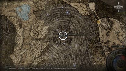 A map screen from Elden Ring Shadow of the Erdtree showing the location of the Crimson Seed Talisman +1.