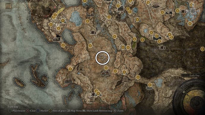 A map screen from Shadow of the Erdtree showing the location of the Deflecting Hardtear Crystal Tear Furnace Golem.