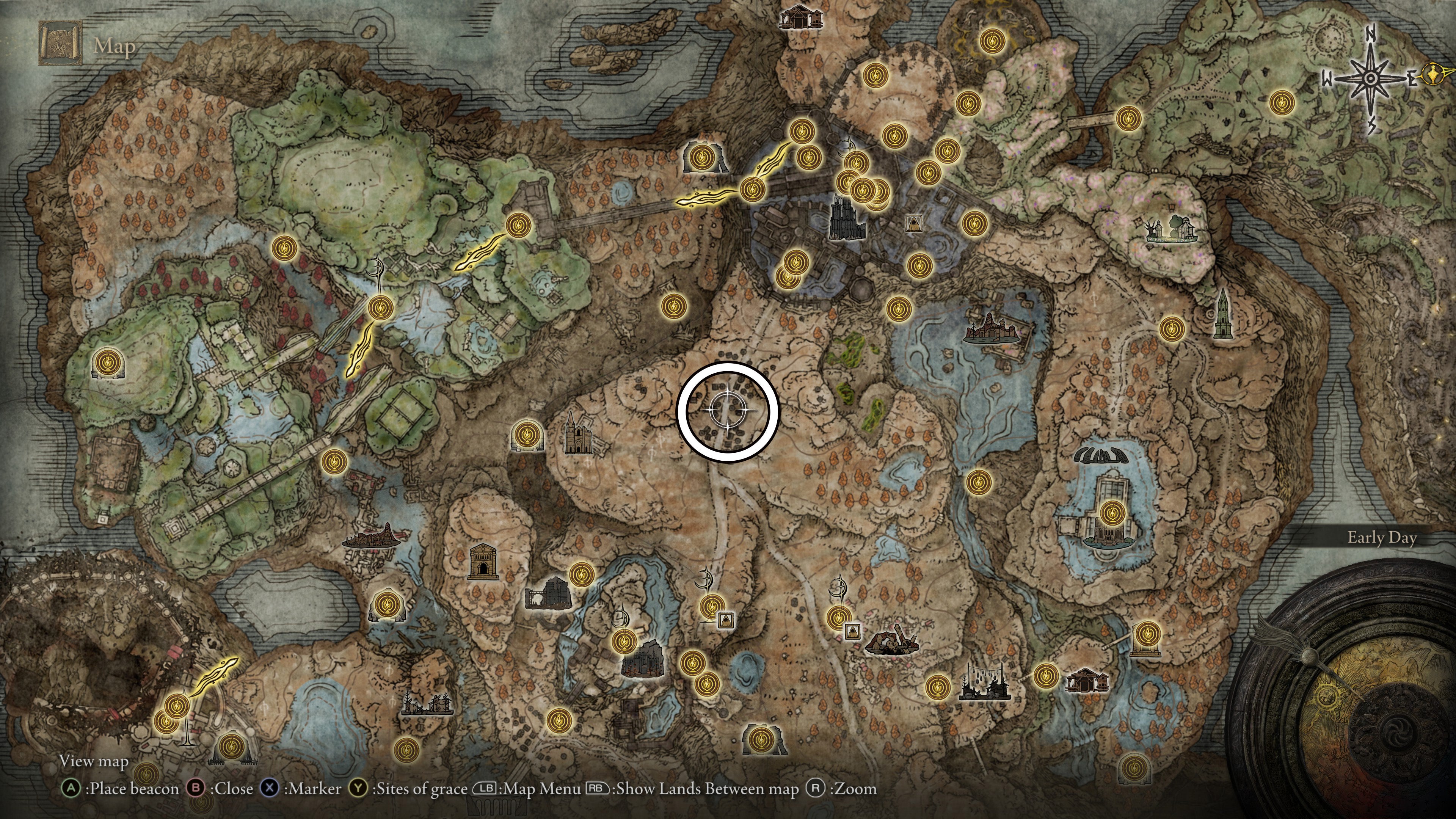 A map screen from Shadow of the Erdtree showing the location of the Crimsonburst Dried Tear Cystal Tear Furnace Golem.