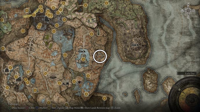 A map screen from Shadow of the Erdtree showing the location of the Cerulean Sapping Cracked Tear Crystal Tear Furnace Golem