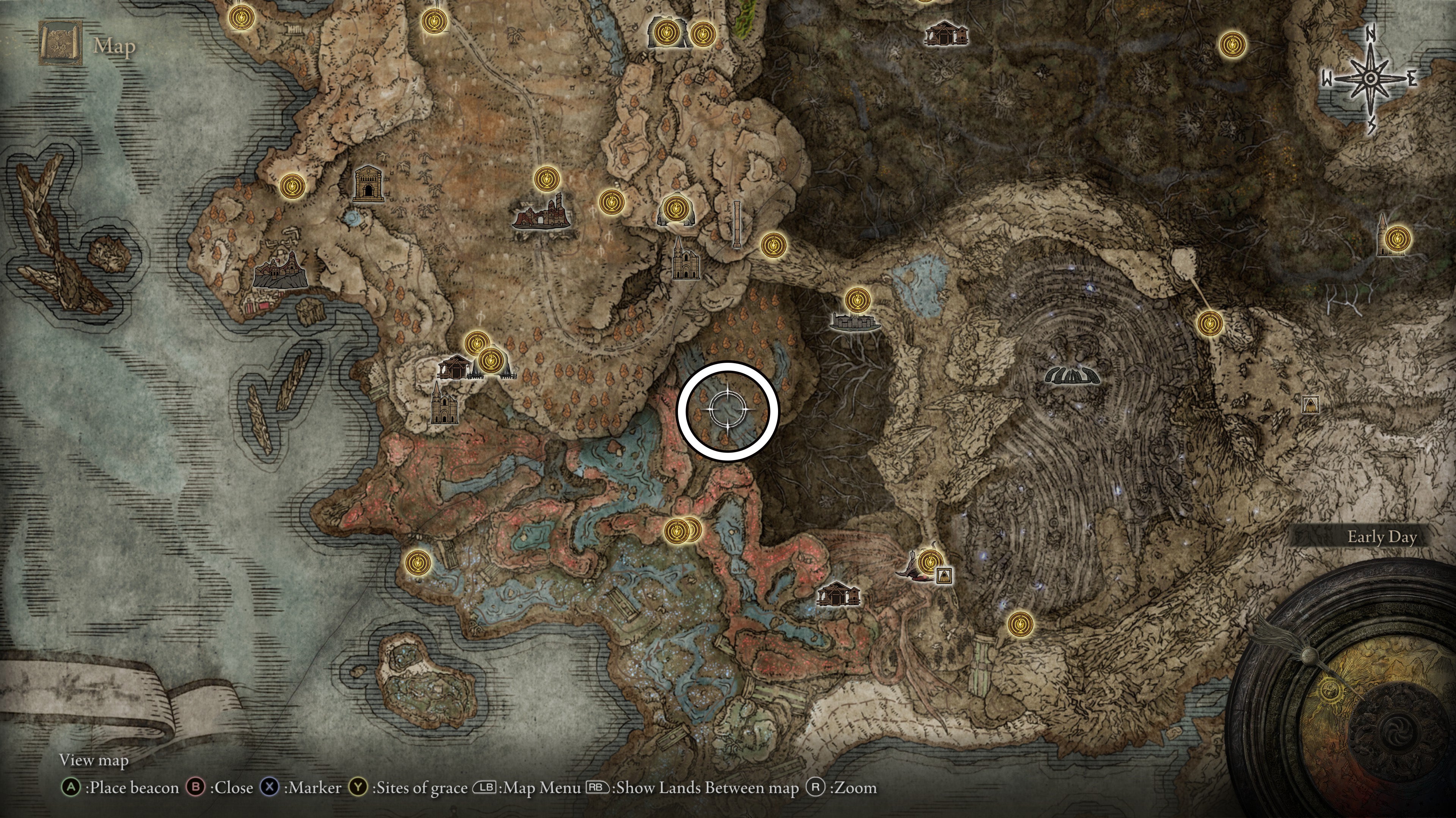 A map screen from Shadow of the Erdtree showing the location of the Viridian Hidden Tear Furnace Golem.