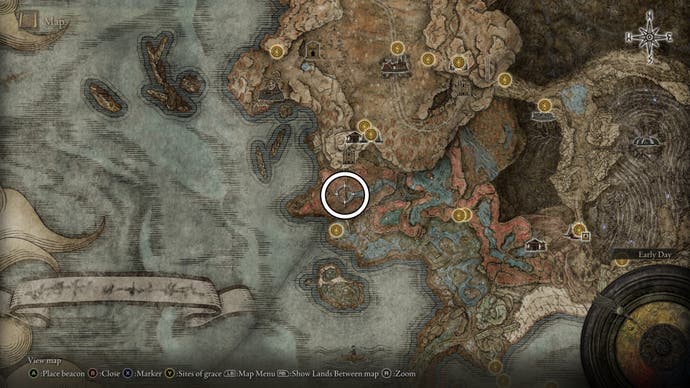 A map screen from Shadow of the Erdtree showing the location of the Glovewort Crystal Tear Furnace Golem.