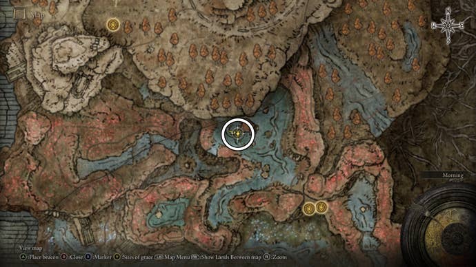A map screen from Shadow of the Erdtree showing the location of the Death Rite Bird boss fight in Charo’s Hidden Grave.