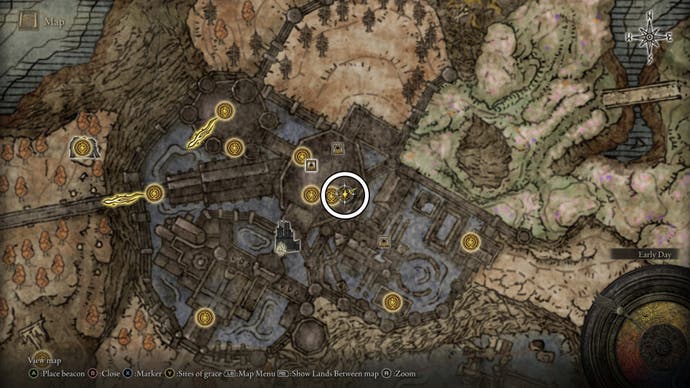 A map screen from Shadow of the Erdtree showing the location of the Dueling Shield