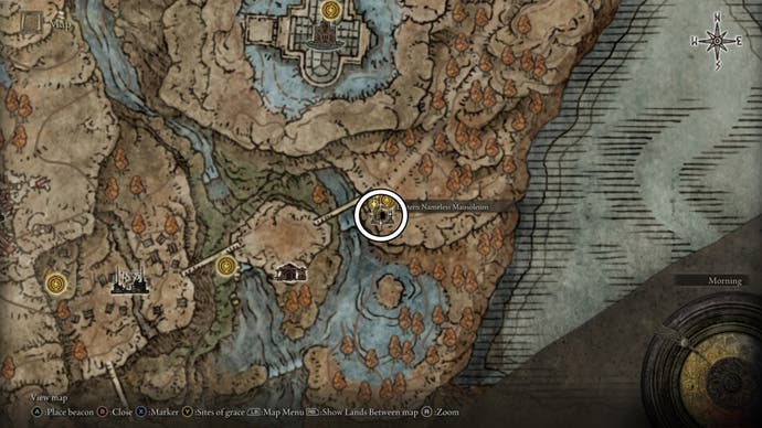 A map screen from Shadow of the Erdtree showing the location of the Eastern Nameless Mausoleum