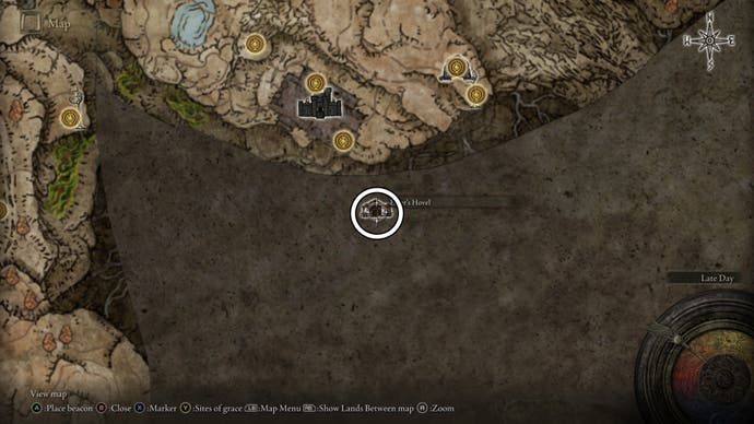 A map screen in Shadow of the Erdtree showing the location of the Elder's Hovel