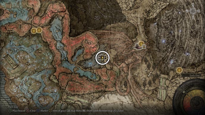A map screen from Elden Ring Shadow of the Erdtree showing the location of the Finger Weaver's Cookbook (1)
