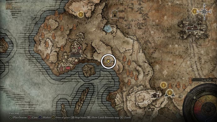 A map screen from Shadow of the Erdtree showing the location of the Forager Brood's Cookbook (2)