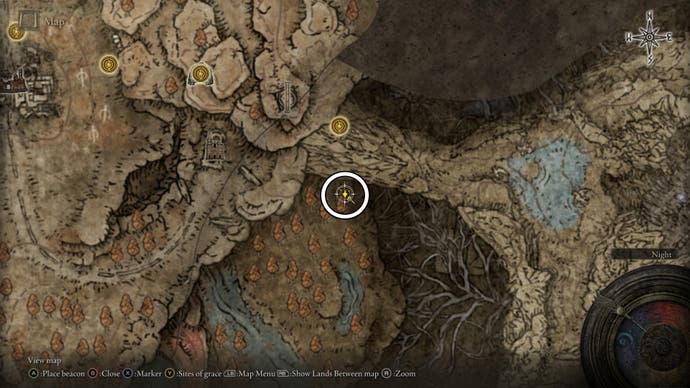 A map screen from Shadow of the Erdtree showing the location of the Forager Brood's Cookbook (3)