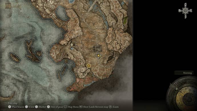 A map screen showing the location of the first map fragment in Elden Ring Shadow of the Erdtree.