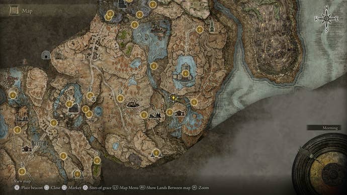 A map screen showing the location of the Recluses' River in Elden Ring Shadow of the Erdtree.