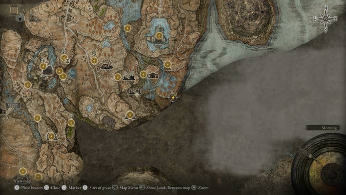 A map screen showing the location of the Darklight Catacombs in Elden Ring Shadow of the Erdtree.