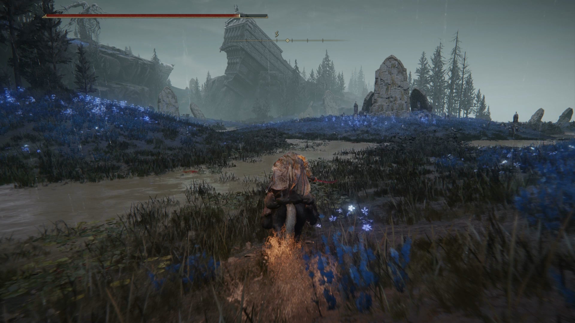 The Tarnished riding through a flower-filled field in Elden Ring Shadow of the Erdtree. - 9