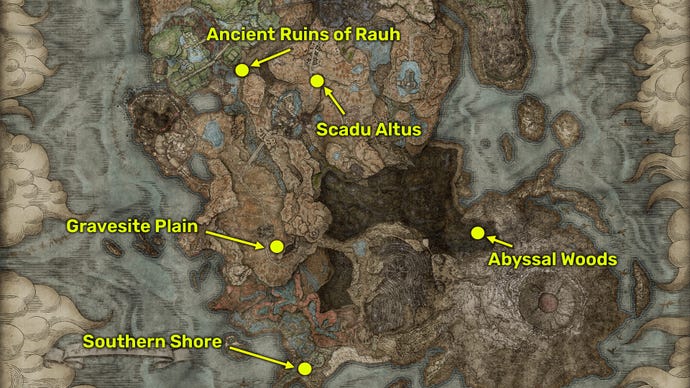 Elden Ring: Shadow Of The Erdtree screenshot of all Map Fragment Map locations.