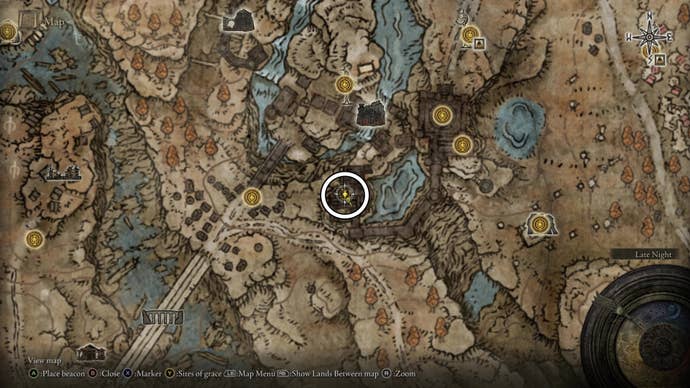 A map screen from Elden Ring Shadow of the Erdtree showing the location of the Glintblade Trio Sorcery spell.