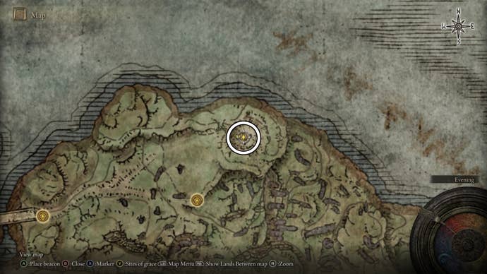 A map screen from Elden Ring Shadow of the Erdtree showing the map location for the Gravitational Missile Sorcery spell.