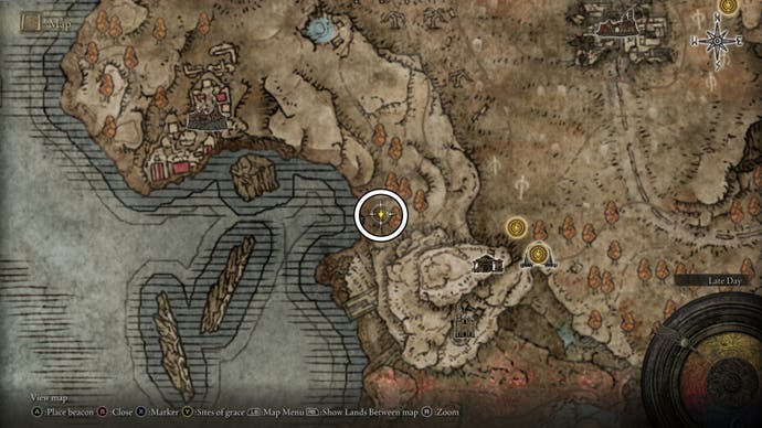 A map screen from Shadow of the Erdtree showing the location of the Greater Potentate's Cookbook (5)