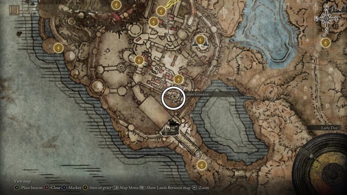A map screen from Elden Ring Shadow of the Erdtree showing the location of Hornsent Grandam in Belurat, Tower Settlement.