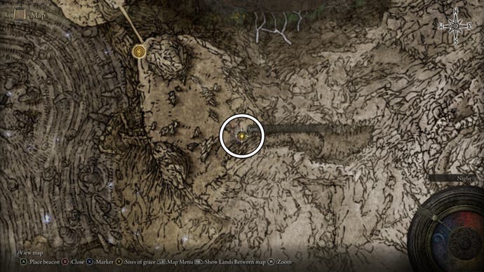 A map screen from Shadow of the Erdtree showing the location of Igon's second meeting place in Jagged Peak.