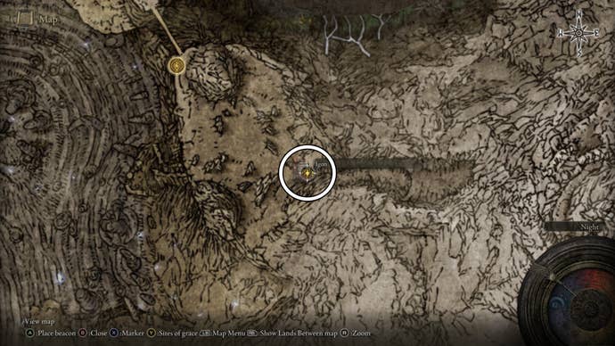 A map screen from Shadow of the Erdtree showing the location of Igon’s second meeting place in Jagged Peak.