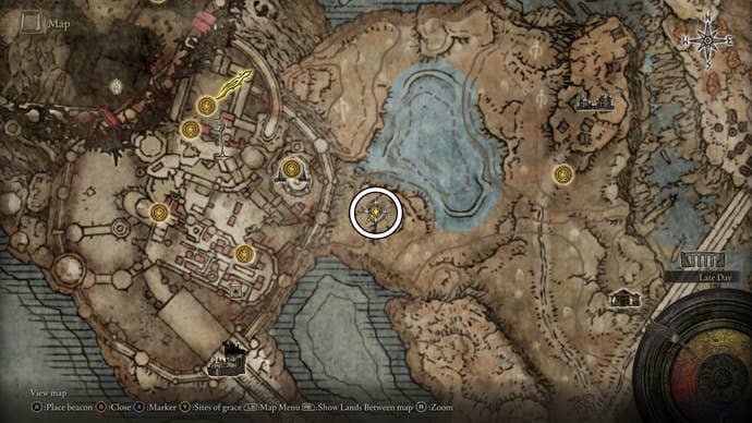 A map screen from Shadow of the Erdtree showing the location of the Incursion painting reward.