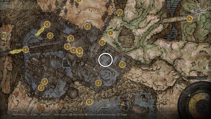 A map screen from Shadow of the Erdtree showing the location of an Iris of Occultation in the Shadow Keep, which is obtained by defeating the Ulcerated Tree Spirit at this location.