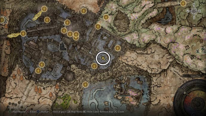 A map screen from Elden Ring Shadow of the Erdtree showing the map location for the Mantle of Thorns Sorcery spell.