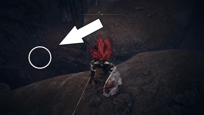 A warrior stands on a ledge where a white arrow and circle highlights the location of the Mass of Putrescence Sorcery spell in Elden Ring Shadow of the Erdtree.