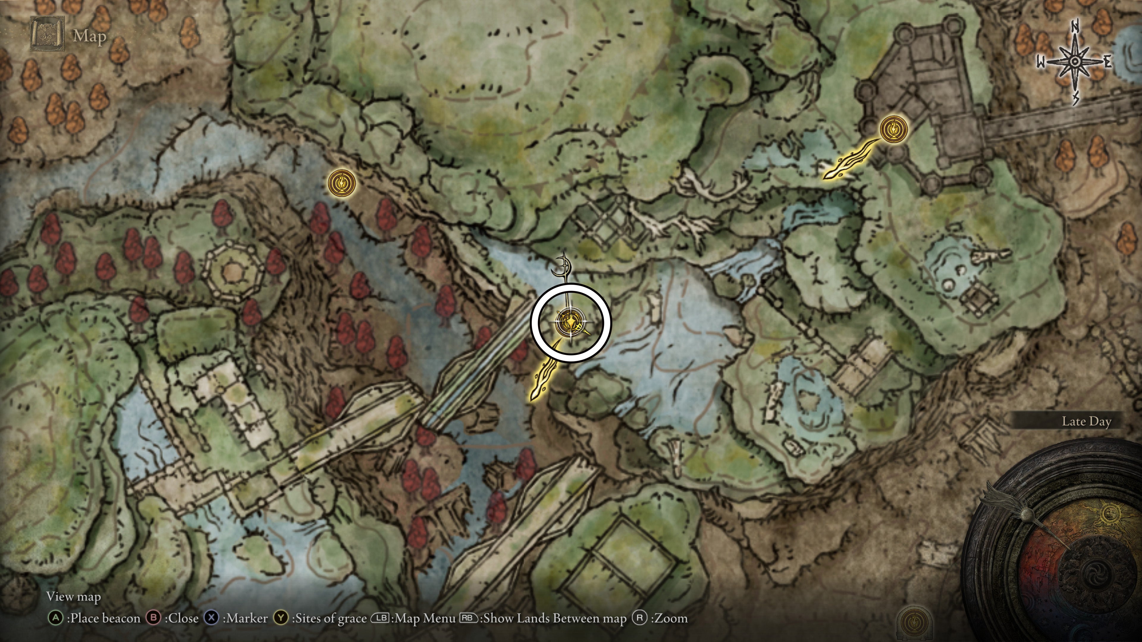A map screen from Shadow of the Erdtree showing the location of the Miquella&rsquo;s Cross in the Ancient Ruins of Rauh.