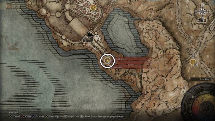 A map screen from Shadow of the Erdtree showing the location of Moore, Ansbach and the Main Gate Cross.
