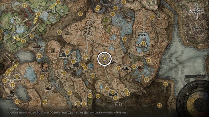 A map screen from Elden Ring Shadow of the Erdtree showing the location of the Moorth Ruins Site of Grace.