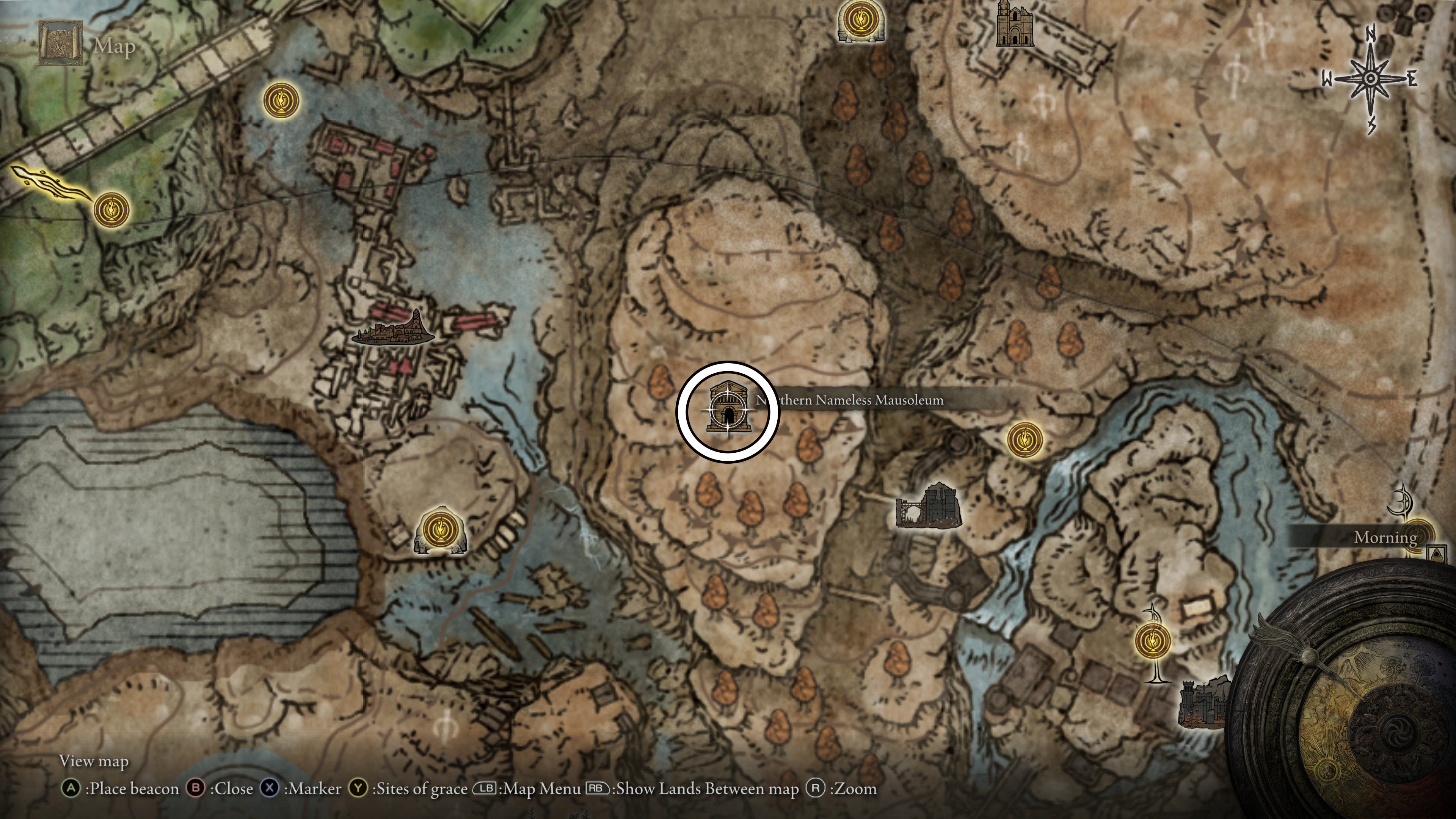A map screen from Elden Ring Shadow of the Erdtree showing the location of the Northern Nameless Mausoleum where the Red Bear&rsquo;s Claw can be found.