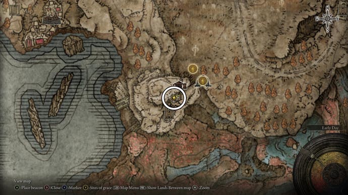 A map screen from Shadow of the Erdtree showing the location of the Oathseeker Armor Set