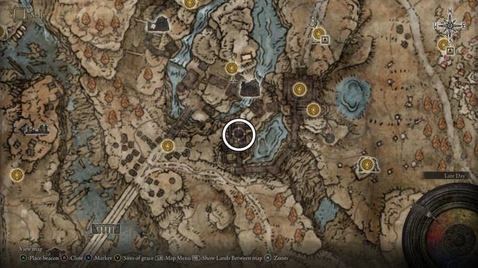 A map screen in Shadow of the Erdtree showing the location of Rellana’s Cameo Talisman
