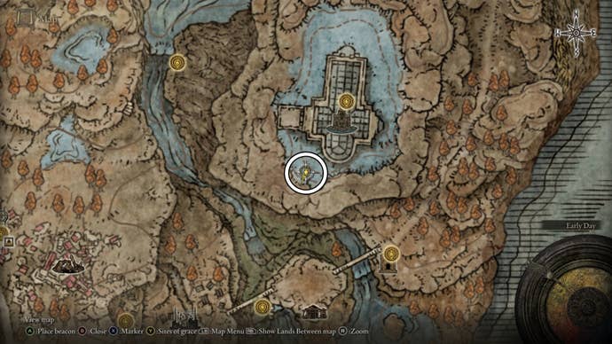 A map screen in Shadow of the Erdtree showing the remembrance duplication location in Cathedral of Manus Metyr.